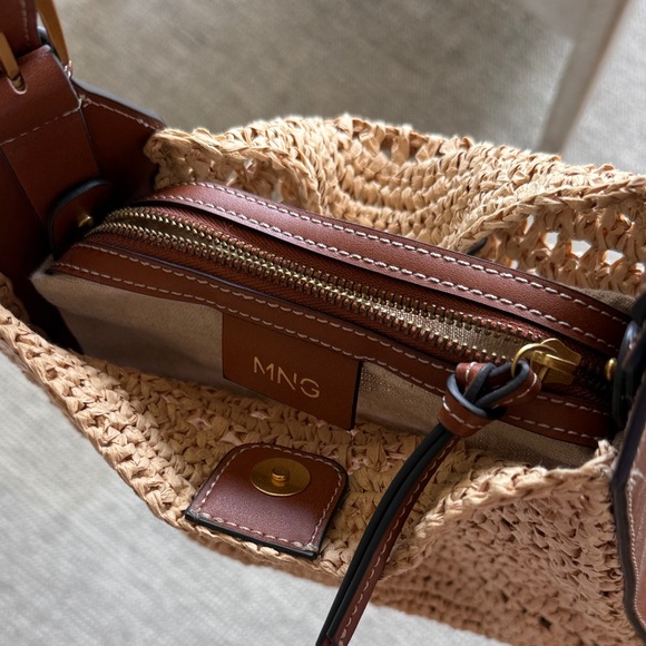 Mango Brown Woven Straw Shoulder Bag with Leather Trim - Picture 3 of 4